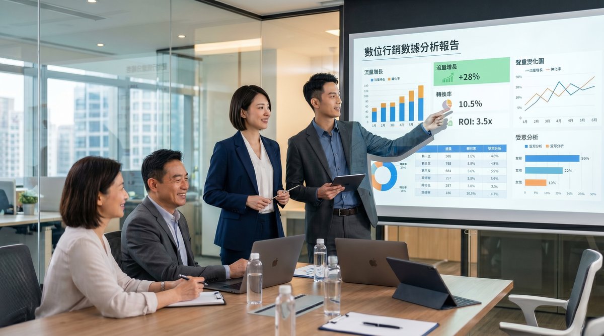行銷顧問在會議室做品牌健檢報告